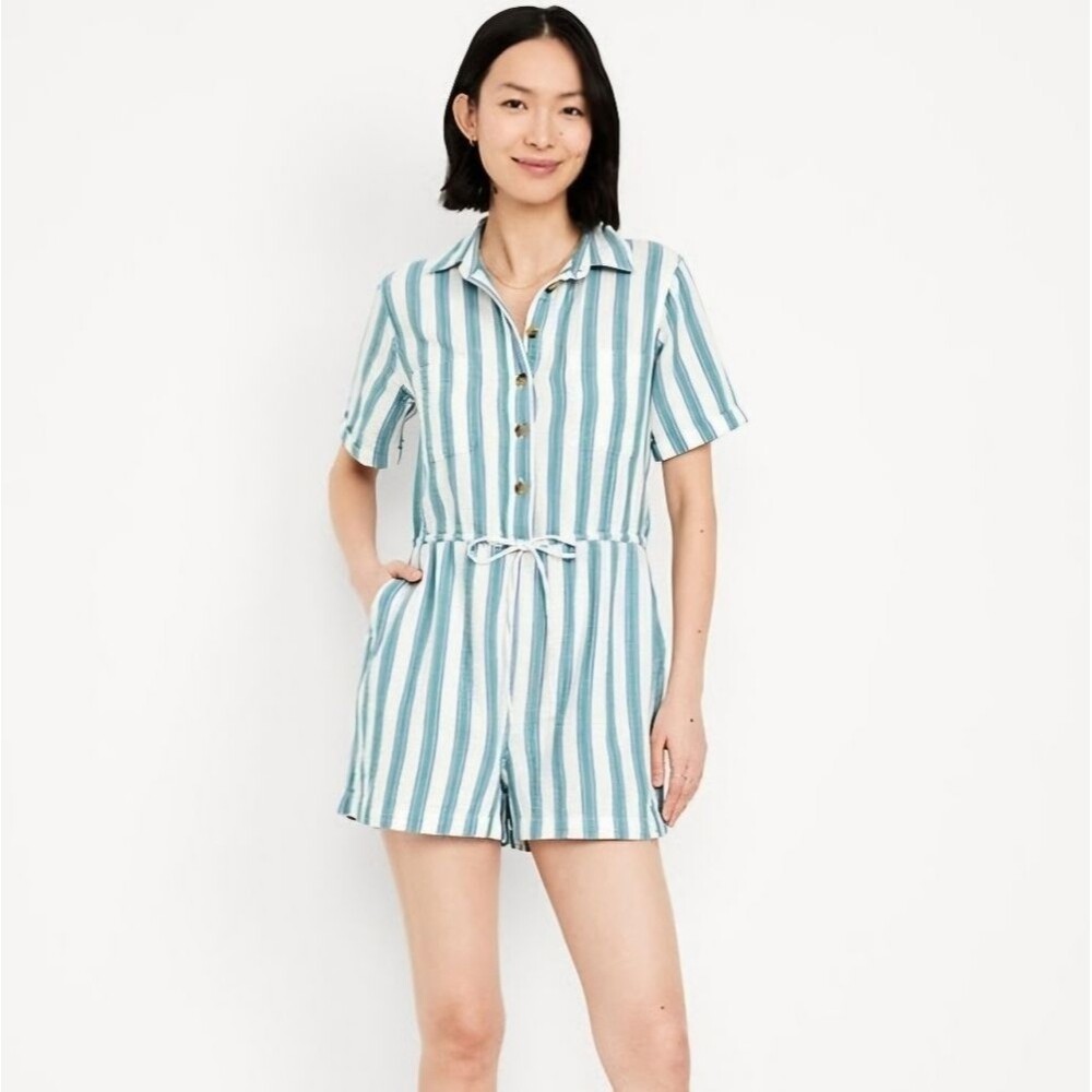 NWT Old Navy Crinkle Gauze Button Down Romper Women XXL Petite Blue White Stripe